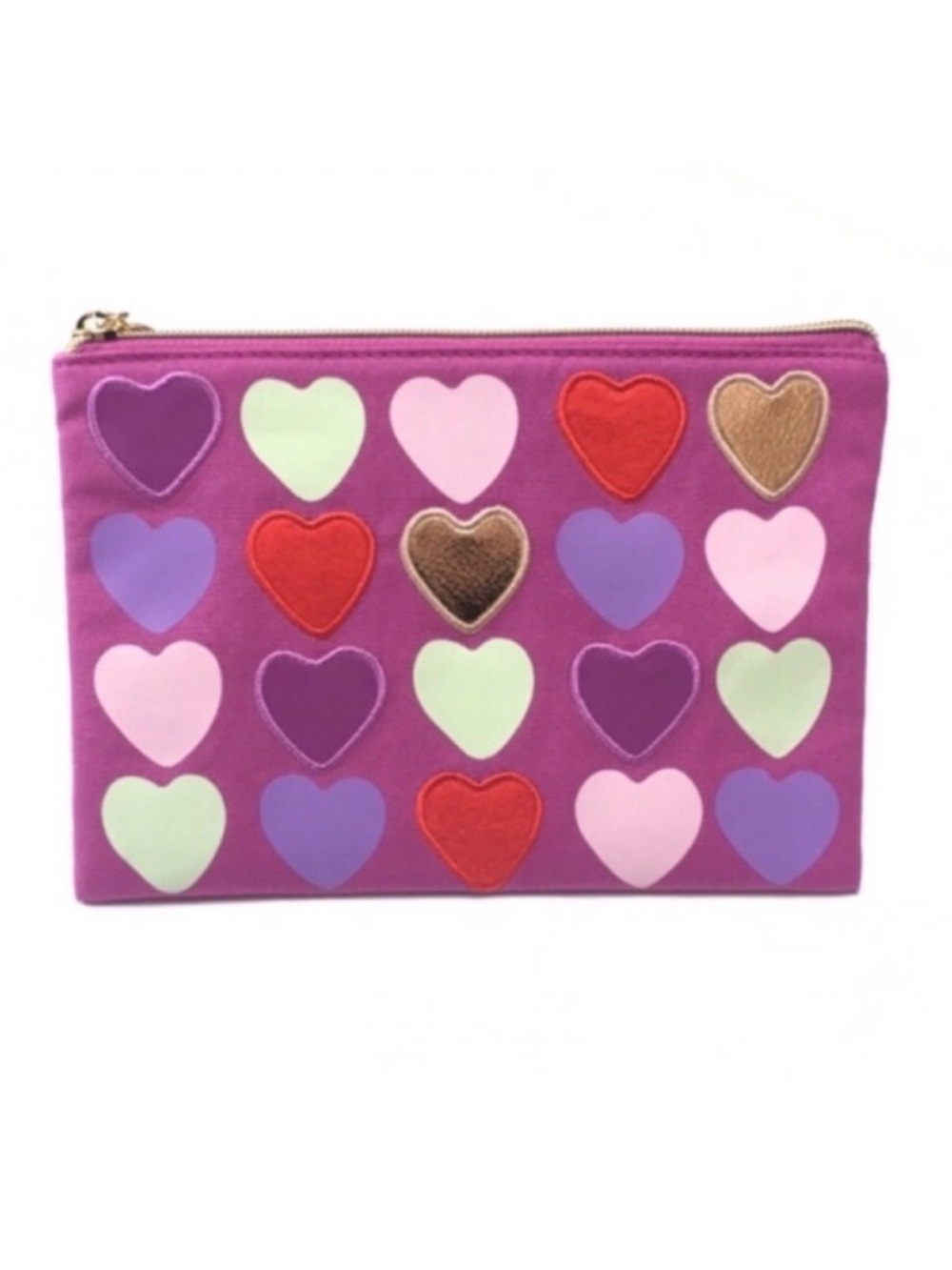 New Multicolor Quilted Hearts Makeup Bag with Gold Zipper Top Closure